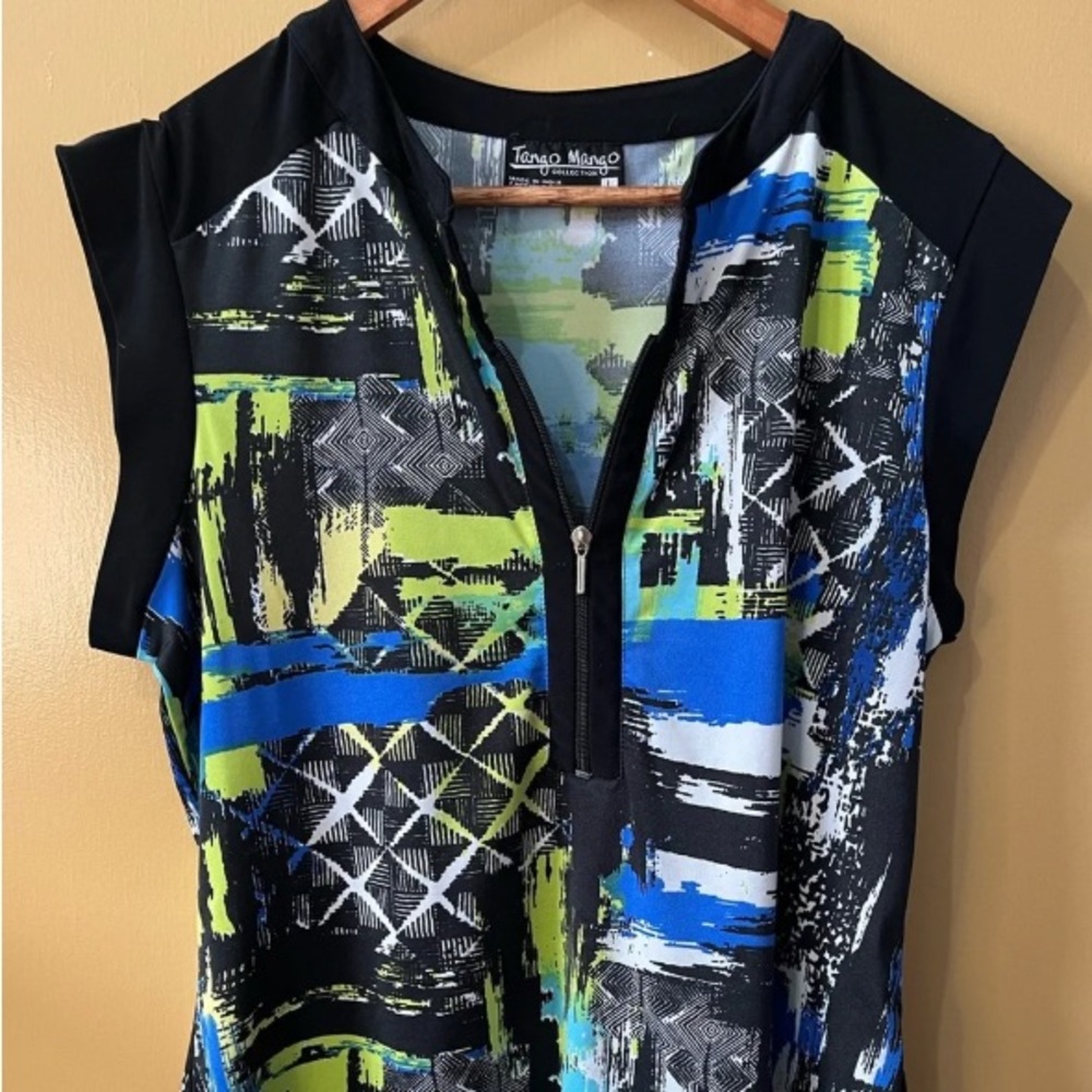 Tango Mango Sleeveless Zip-Front Tank Top in Black, Blue & Lime